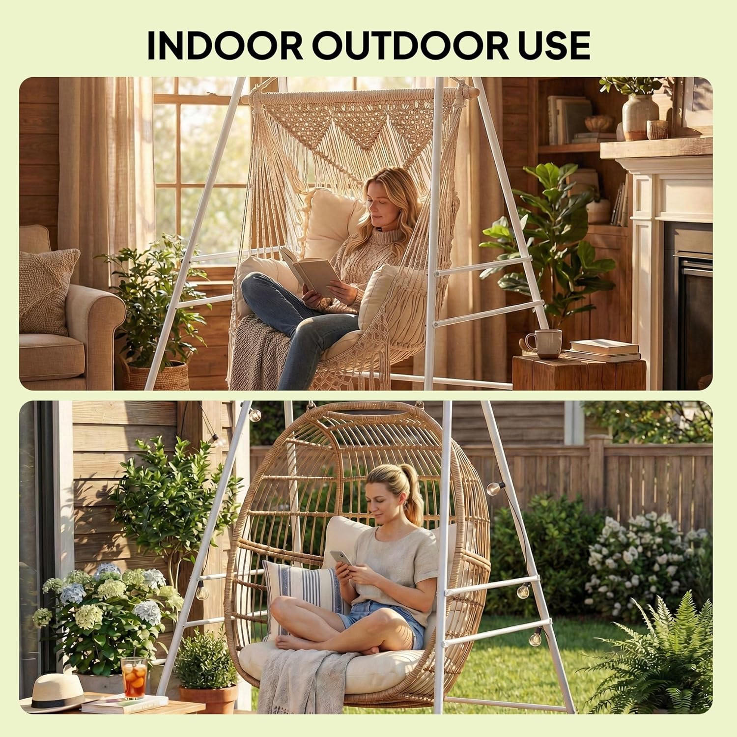 Indoor/Outdoor Hammock Chair Stand – White Powder-Coated Steel, 330lb Rated, 54.3"x50.8"x72", Anti-Slip Pads, 3 Rings & Carabiners