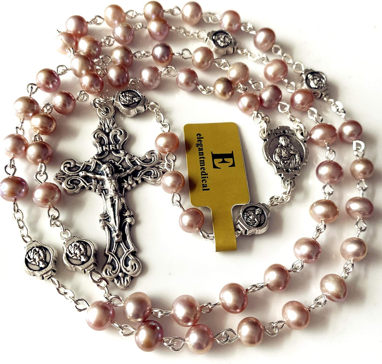 elegantmedical Handmade AAA6MM White Real Pearl Beads Catholic Our Lady Grace Rosary Cross Necklace Box case Womens Girls Gifts - Image 3