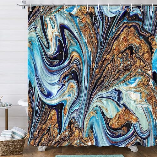 Miniatura 8 de JAWO Juego de cortina de ducha de mármol verde, Gouache arco iris, dorado, grieta, verde salvia, verde esmeralda, cortina de ducha abstracta