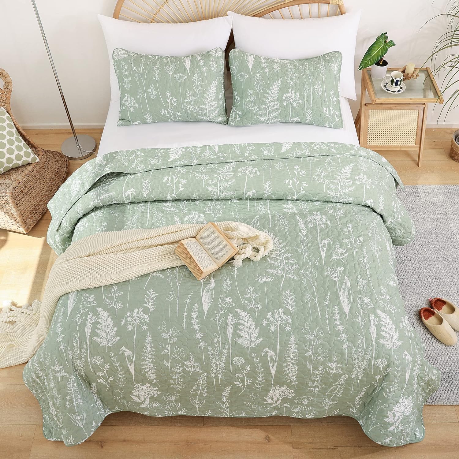 JANZAA Quilts Queen Size Sage Green Quilt Botanical with Floral Pattern Microfiber Bedspreads Queen Size 3 Pieces Lightweight Comforter Reversible Bedding Set with 2 Pillow Cases - Image 9
