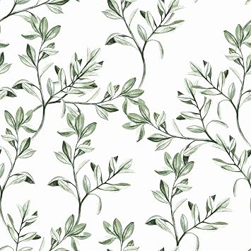 Wallercity Green/White Leaves Wallpaper Peel and Stick Floral Wallpaper for Cabinet Boho Green Leaf Contact Paper Home Decor Removable Wall Paper 17.5" x 78.7" Wall Plants Wallpapers for Accent Walls