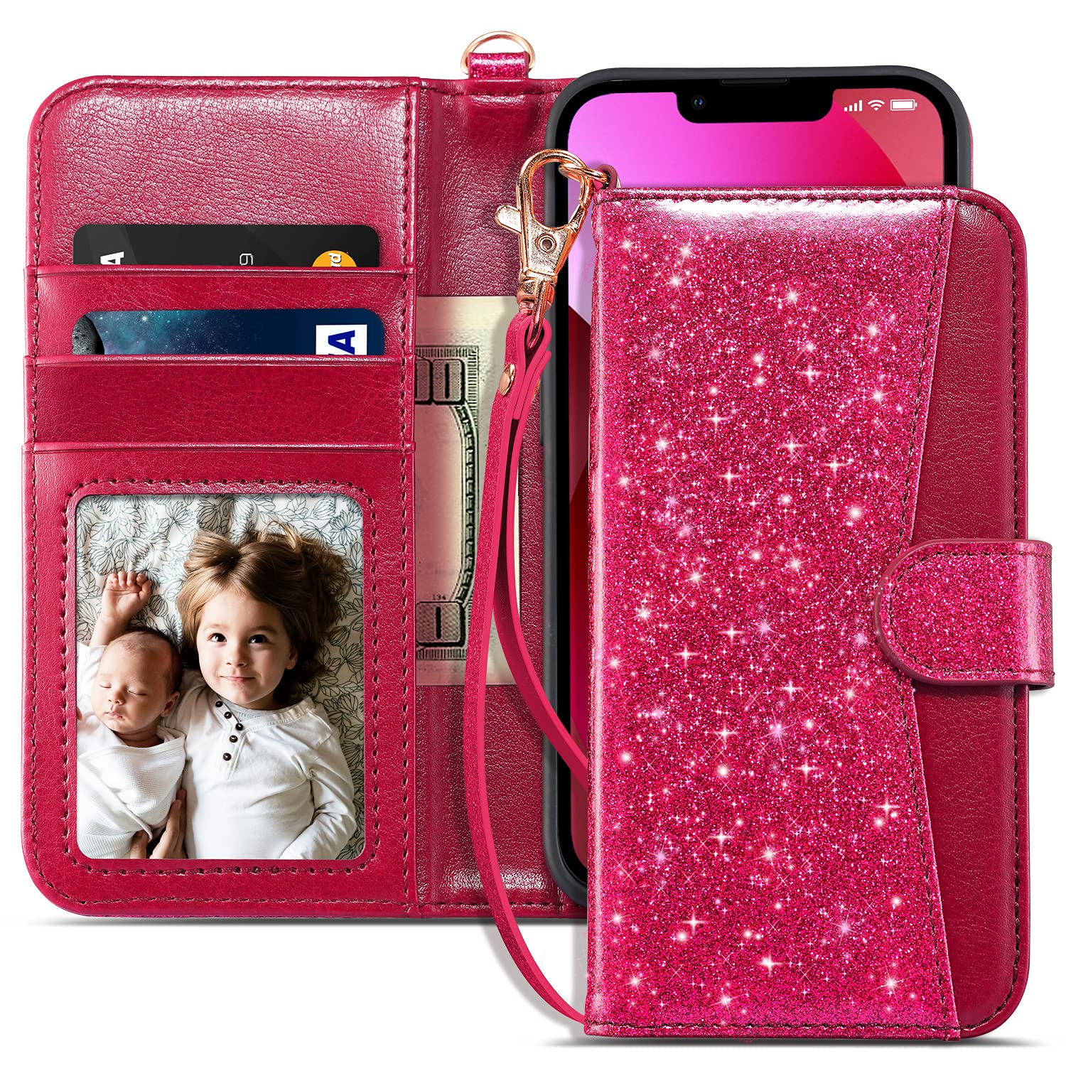 Coolwee Compatible Apple iPhone 13 Pro Max - 6.7 inch Flip Wallet Case Folio Cover with Card Slots Kickstand Design Wrist Strap Girls Women Glitter PU Leather Burgundy