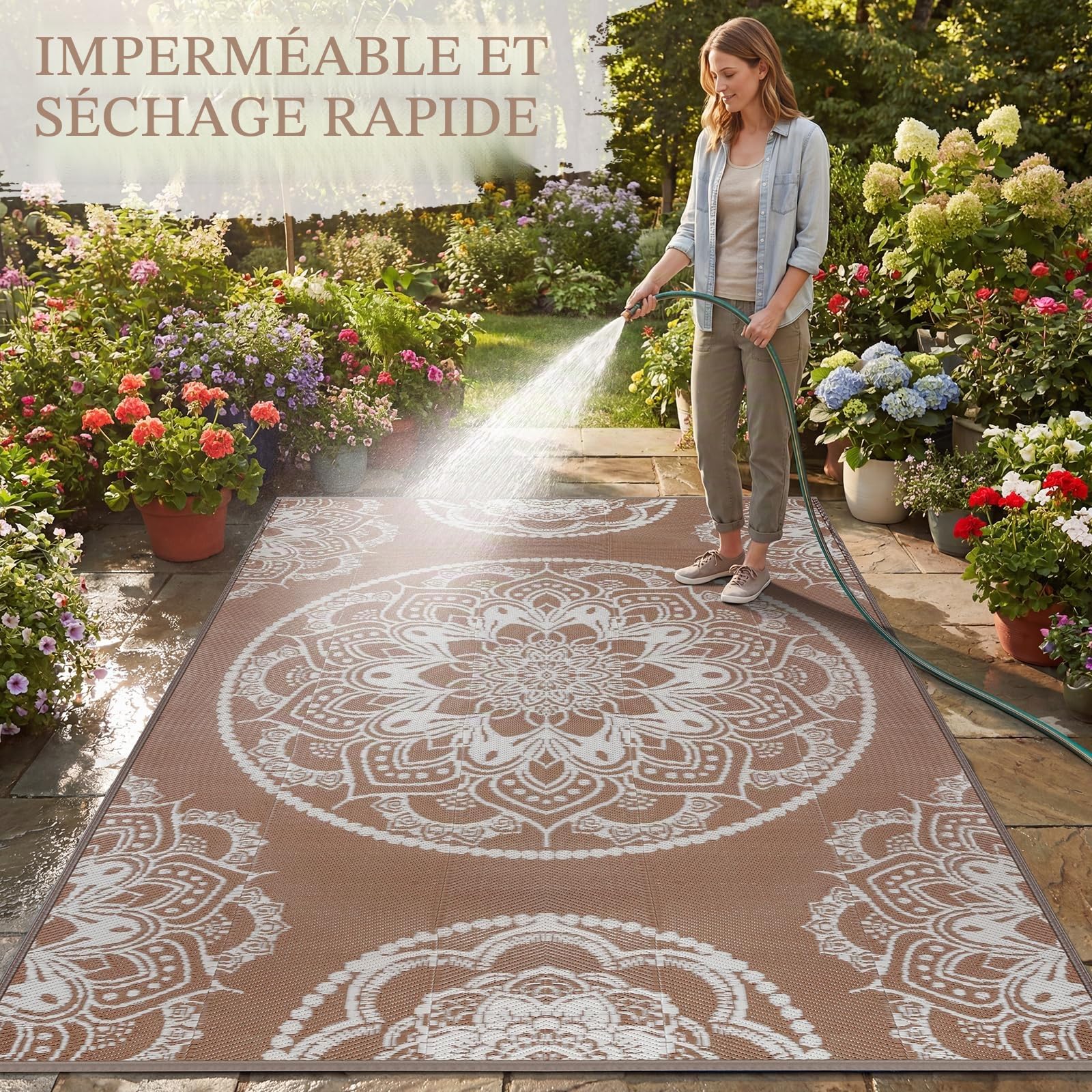 Tapis Exterieur Resistant Pluie Terrasse Tapis Barbecue Sol Exterieur Grand Tapis Plastique Exterieur Imperméable Tapis d'extérieur pour Terrasse Jardin Balcon Plage Salon 180 x 270 cm, Beige Marron