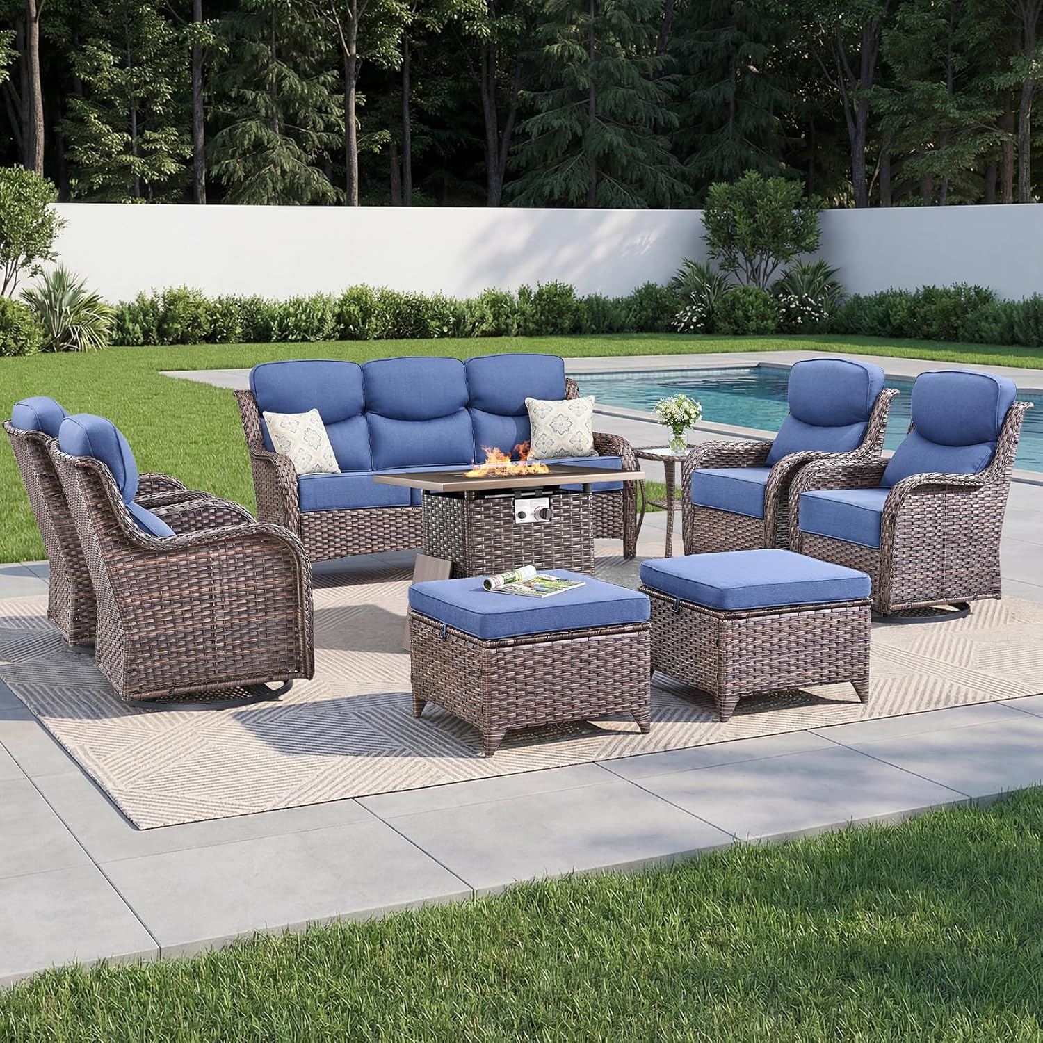 Luxury Patio Furniture Set with 6-inch Thick Cushion, Outdoor Furniture with Fire Pit Table, Swivel Chairs, Sofa, Side Table, Ottomans, 9pcs Wicker Conversation Set for Deck Yard and Poolside(Blue)