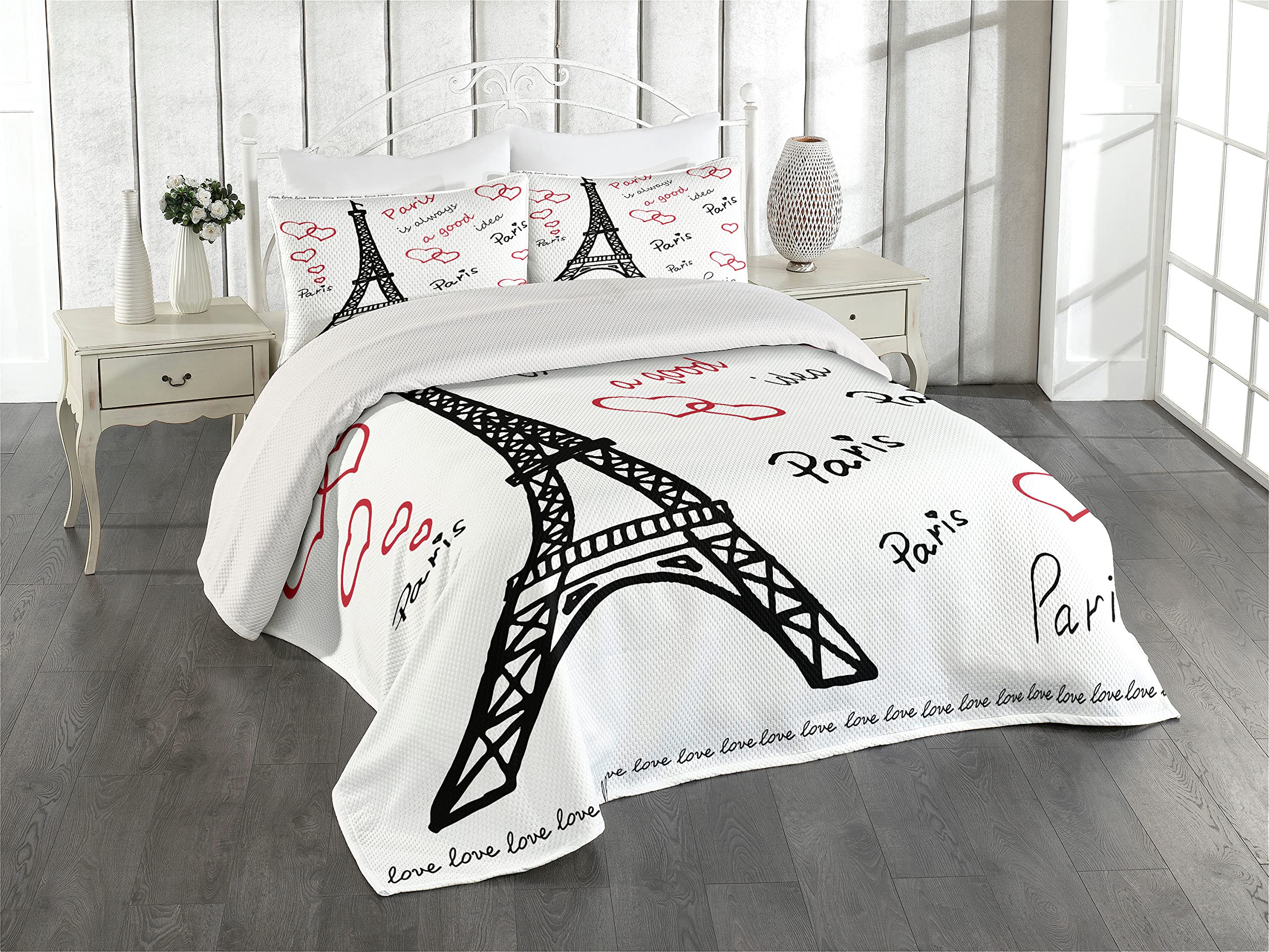 Ambesonne Eiffel Tower Coverlet, Eiffel Tower Paris is Always an Idea Tourism Locations Love, 3 Piece Decorative Quilted Bedspread Set with 2 Pillow Shams, King Size, Red Black White