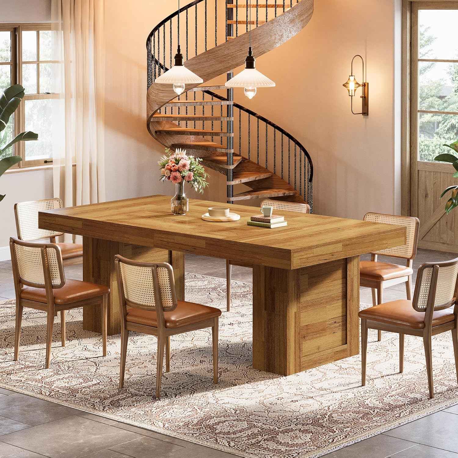 Tribesigns 63'' Farmhouse Dining Table for 6, Rectangle Wooden Kitchen Table with Heavy-Duty Legs, Rustic Large Dining Room Furniture for Family Meals, Banquets & Dinner Parties, Natural Oak