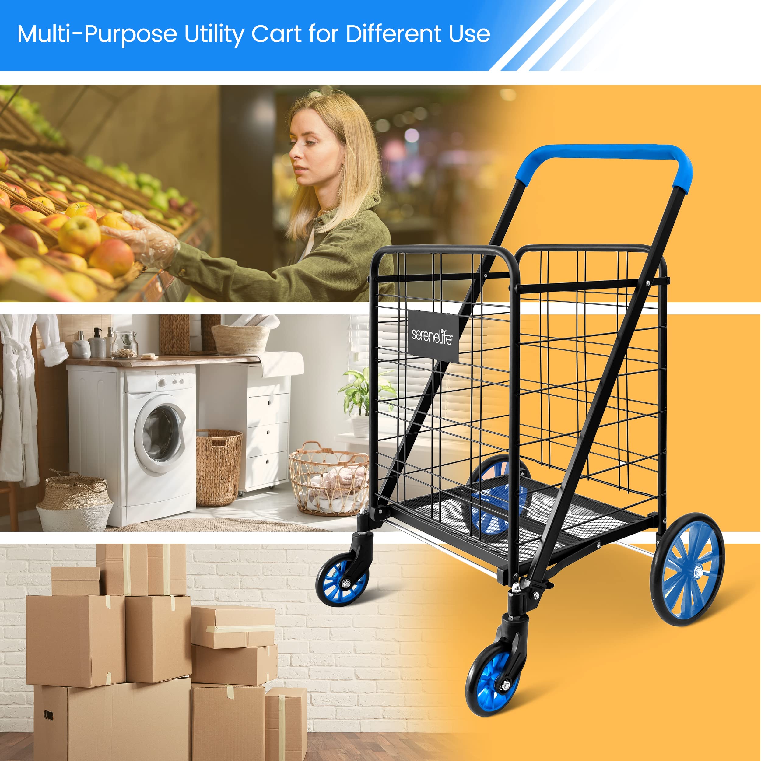 SereneLife Utility Shopping Supermarket Cart, 360 Rolling Swivel Front Wheels, Collapsible Utility Cart, Heavy Duty, Portable, 3.5" D x 19.5" W x 38" H, Large Capacity 110 lbs, Luggage, Laundry, Blue