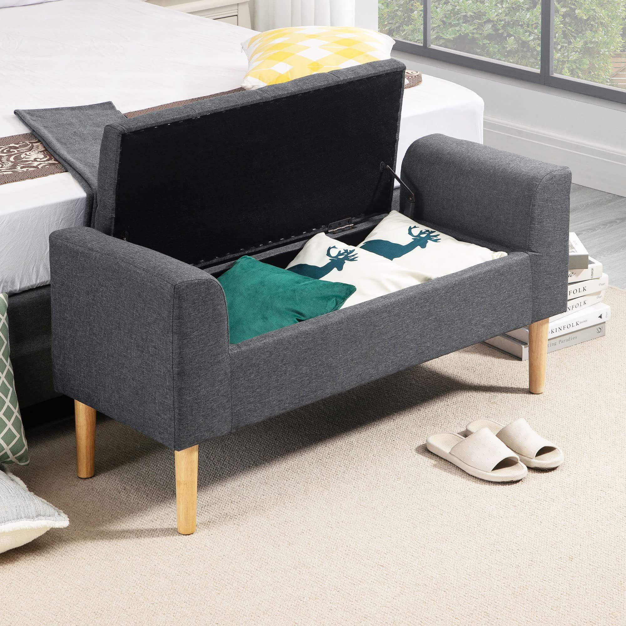 HOMCOM Banc Coffre Rangement Capitonné 130 Kg 116x44x58 cm Gris Foncé