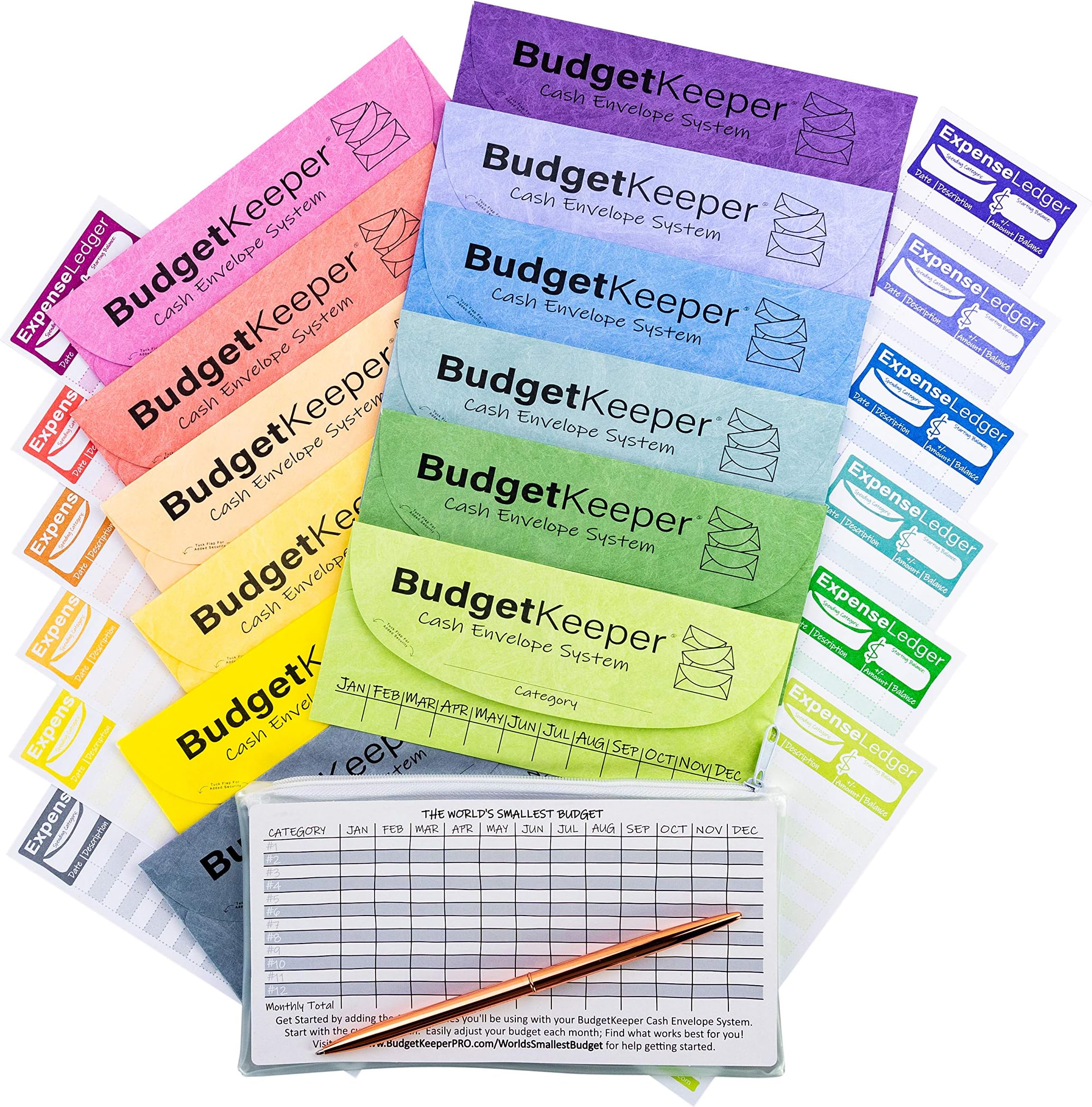 Cash Envelope System-Budget Envelopes-Budget Keeper-12 Assorted Colors-Tear and Water Resistant-12 Expense Ledgers, Pen, Zipper Case Included