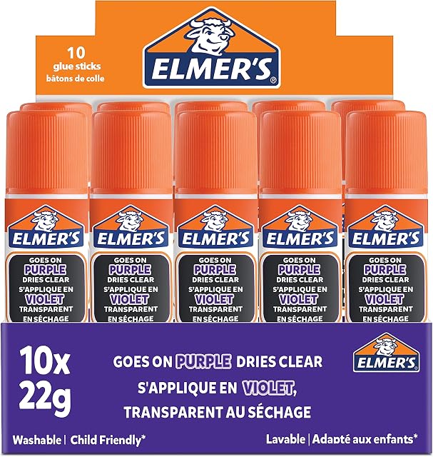 Elmer's Disappearing Purple Glue Sticks | Dries Clear | Great for Schools & Crafting | Washable & Child-Friendly | 22g | 10 Count