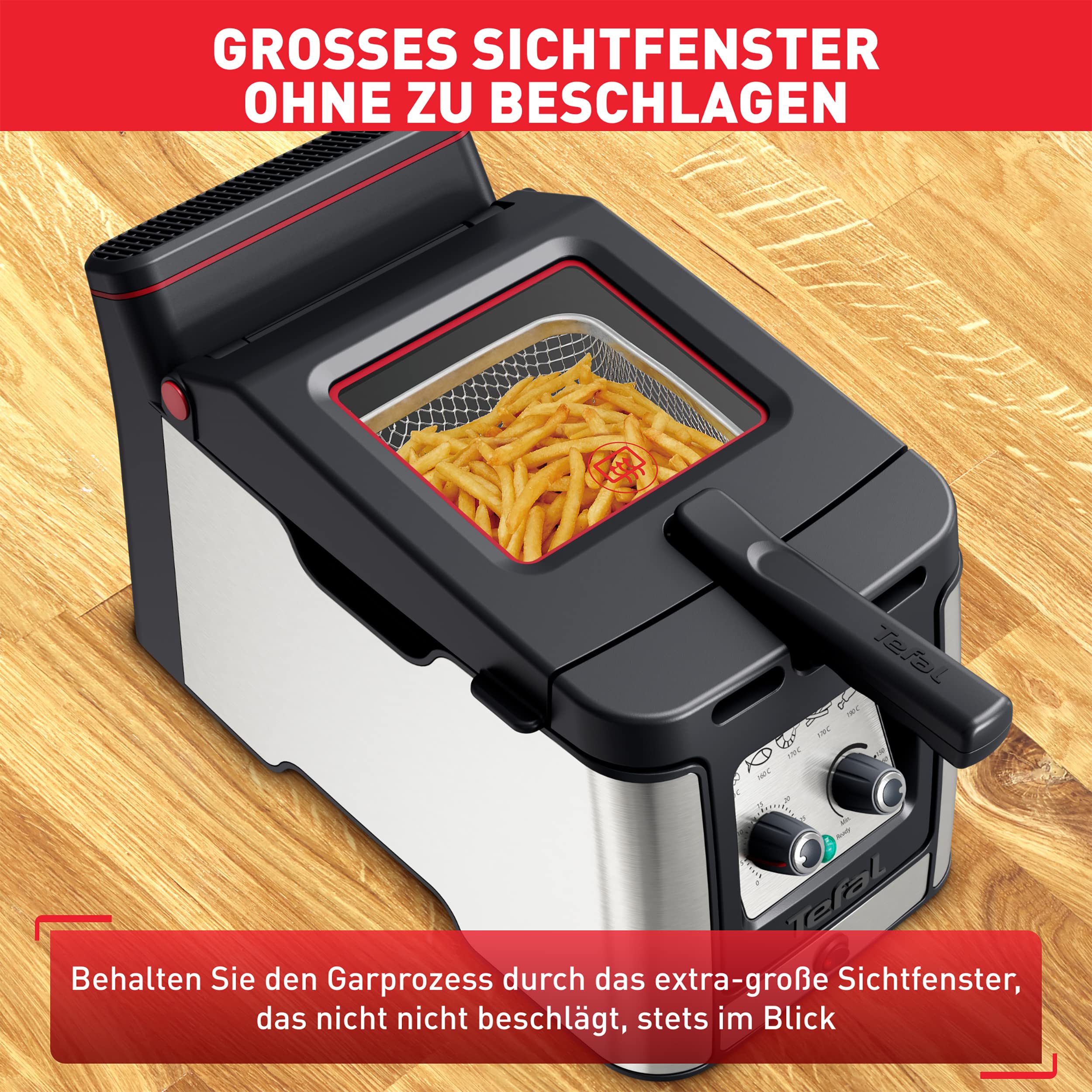 Tefal Clear Duo Fritteuse, frittieren mit weniger Rauch/Gerüchen, Kapazität 1,2 Kg, Thermostat, Timer, großes Sichtfenster ohne Beschlagen, spülmaschinenfest, schwarz, Edelstahl, Friteuse FR600D