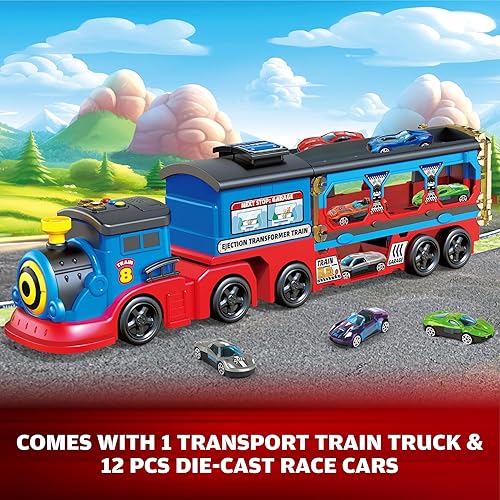 Miniatura 6 de Juego de tren para niños pequeños, con pista de velocidad de autos fundidos a presión 12P, juego de pista de carreras de lanzamiento de autos de