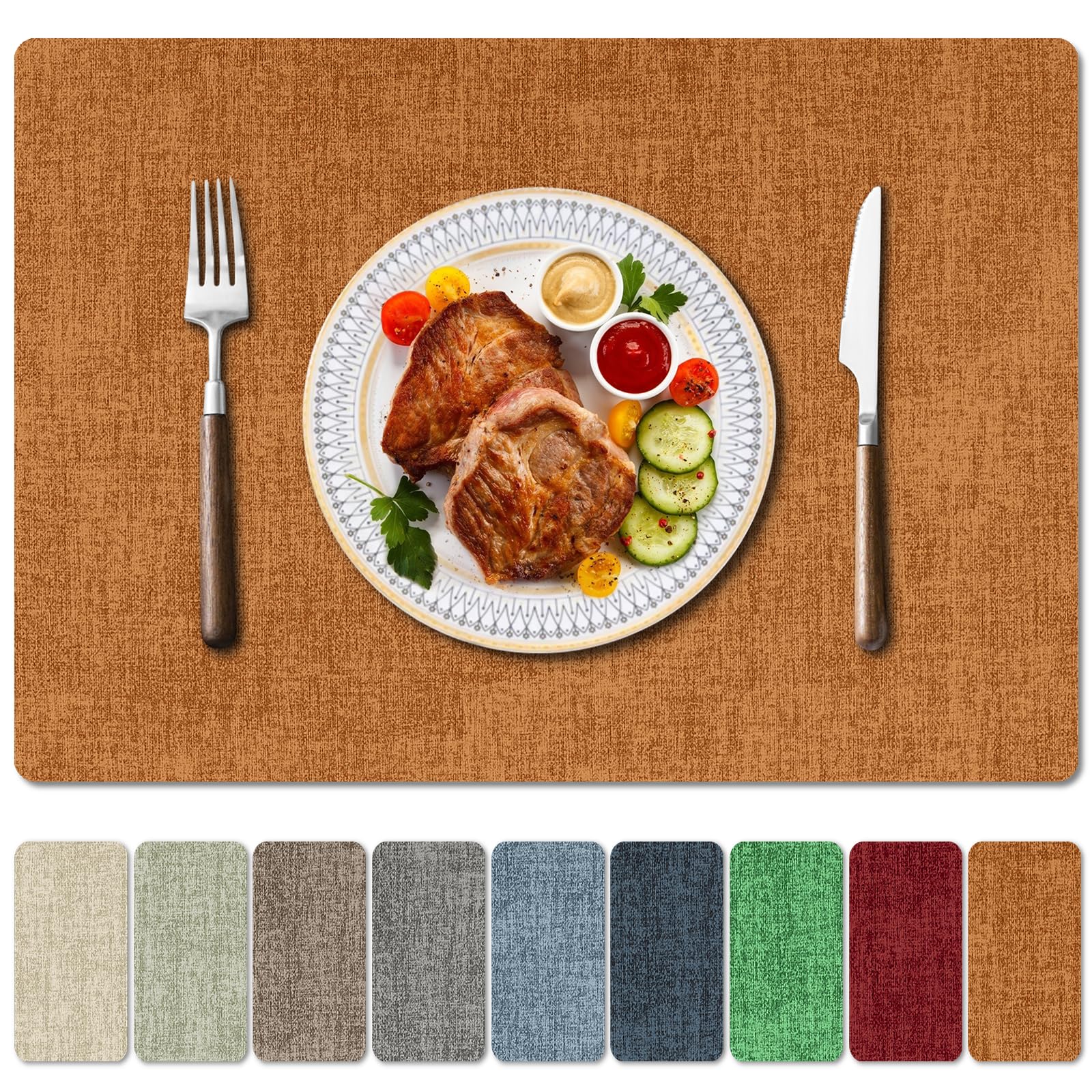 Juego de 4 manteles individuales de piel sintética resistentes al calor, impermeables, a prueba de aceite, fáciles de limpiar, para cocina, comedor, fiesta, vacaciones, color naranja