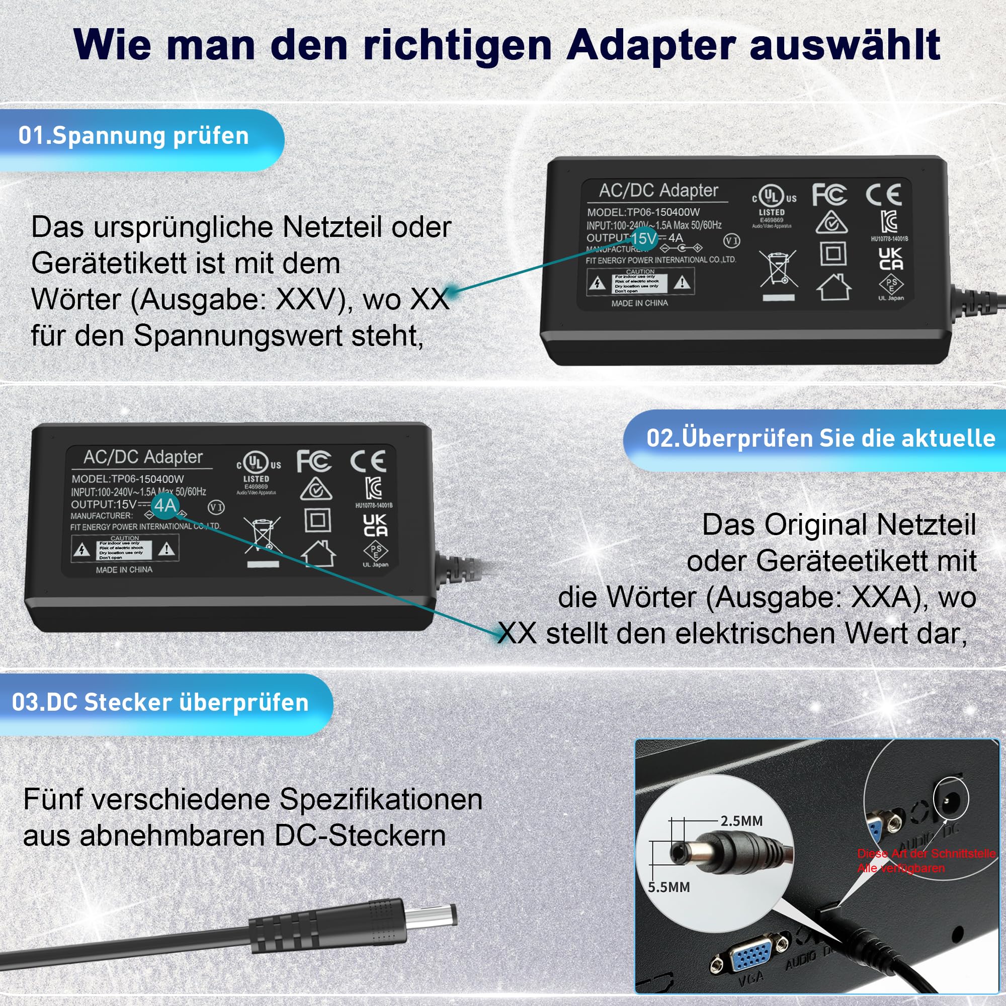 HYCTP Alimentatore di rete da 15 V, adatto per l'uscita di dispositivi elettronici 15 V, 1-4 A, altoparlanti, monitor, stampanti, controller DJ, mini amplificatore, ecc., caricatore AC/DC 15 V (60 W