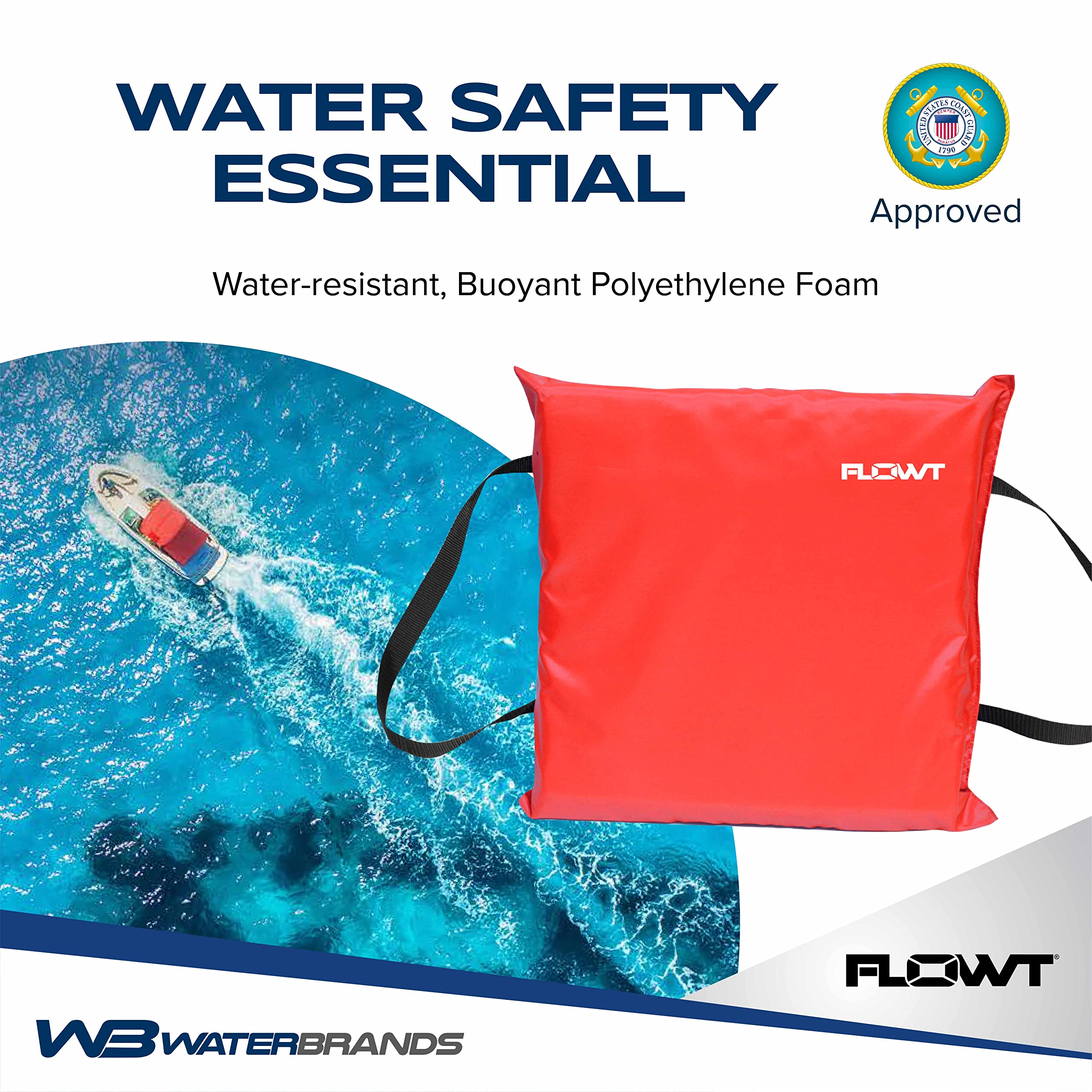 Flowt 40102 - Cojín de espuma de flotación lanzable tipo IV aprobado por la USCG | Cojín para bote | Dispositivo de seguridad para cojín de bote lanzable | 16 x 15 x 2.5 pulgadas (rojo)