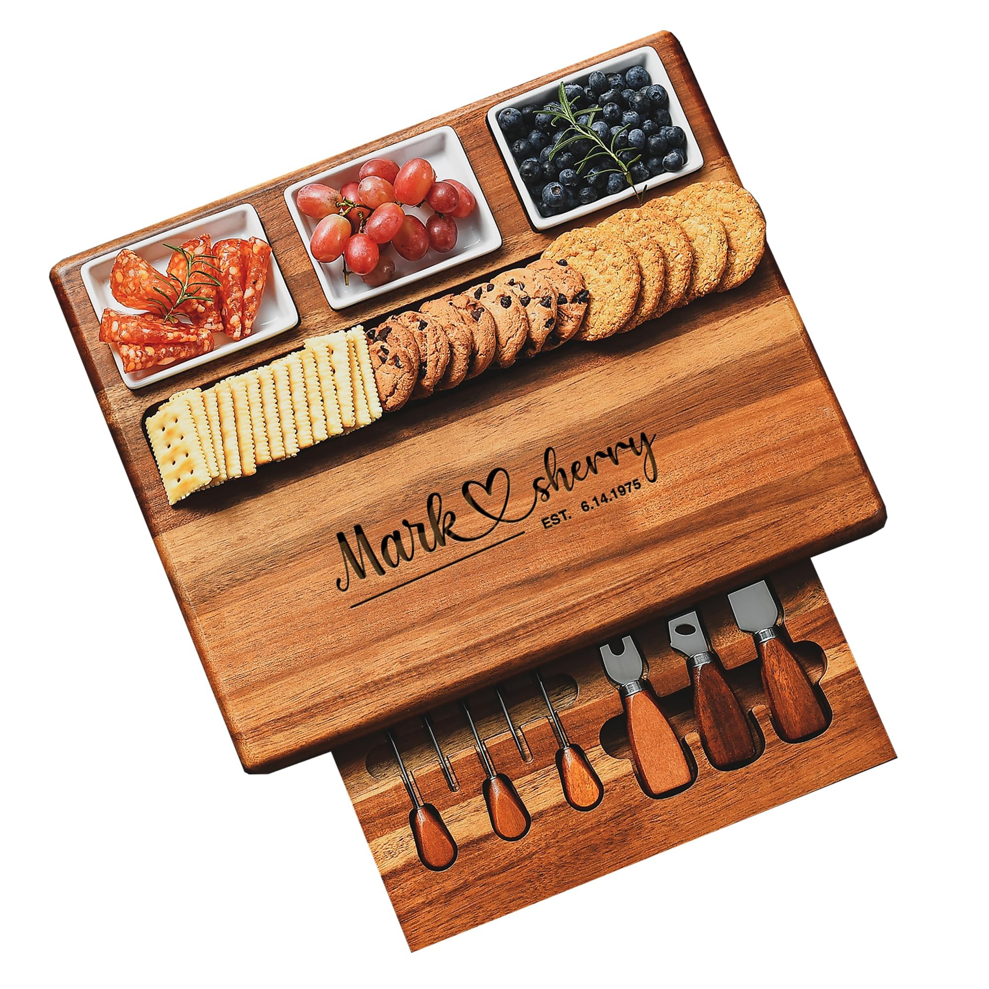 Shanik Large Acacia Wood Charcuterie Board Set with 3 Removable Ceramic Bowls &amp; Serving Utensils - Housewarming, Wedding, Bridal Shower, Home and Kitchen, New Home Gift Ideas for Women, Gift