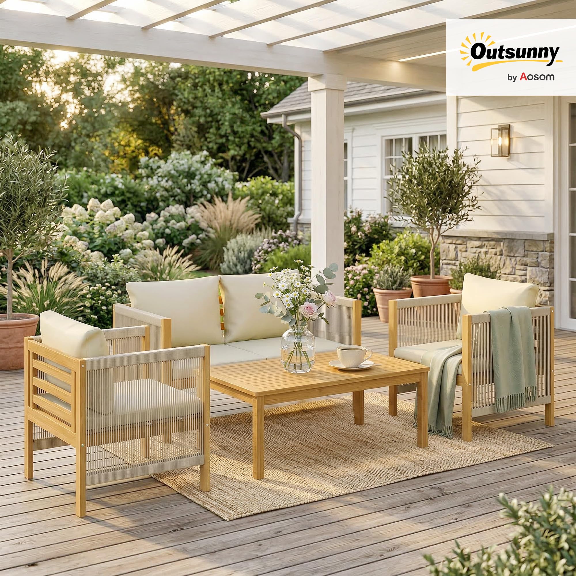 Outsunny Salon de Jardin 4 Pièces en Bois d'Acacia - Ensemble de Mobilier avec Coussins Déhoussables et Corde Tressée - Canapé 2 Places, 2 Fauteuils et Table Basse, Style Bohème Chic, Naturel