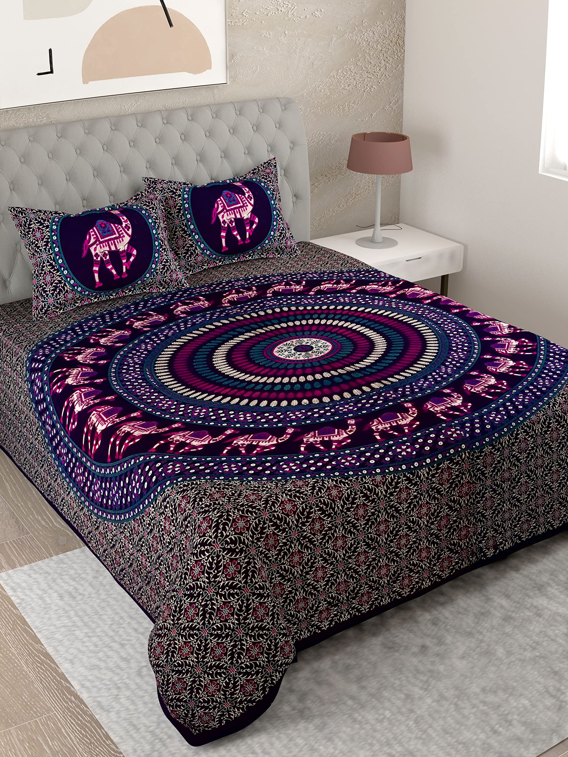 UniqChoice Purple Color 100% Cotton Badmeri Printed King Size Bedsheet with 2 Pillow Cover(D-2008NPurple)-picture-11