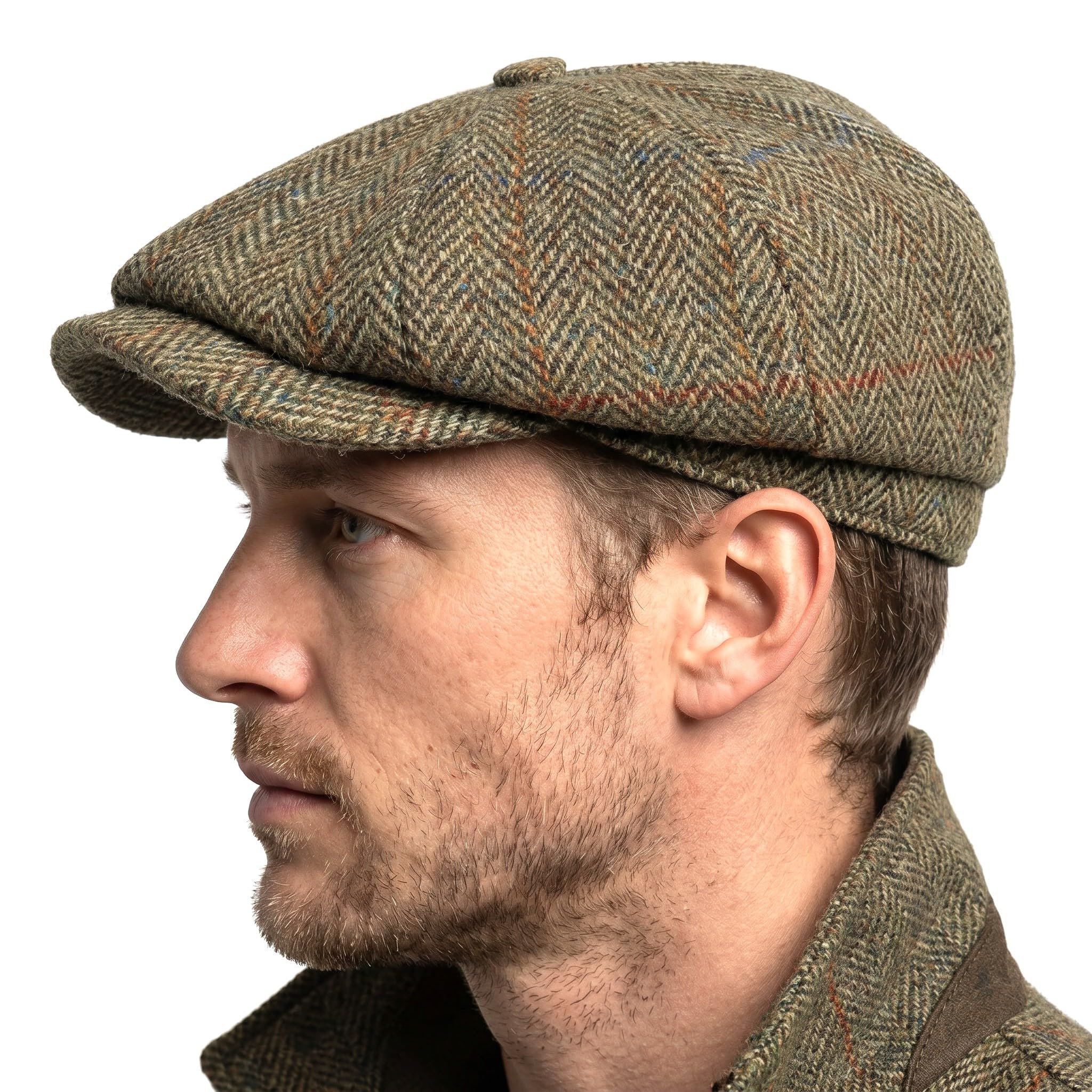 Tartan Tweeds Men's Green Herringbone Harris Tweed Traditional Peak Eight Panel Newsboy Cap British Made (S)