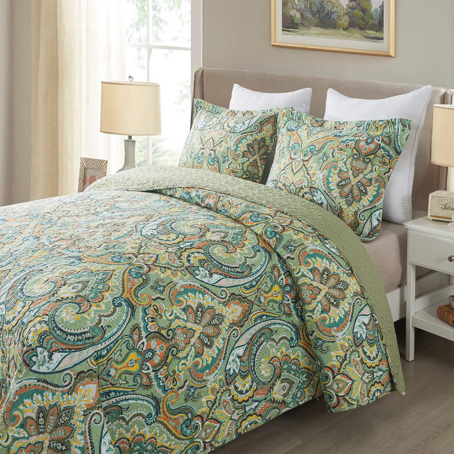 NEWLAKE Cotton Bedspread Quilt Sets - Reversible Patchwork Coverlet Set, European Green Floral Pattern, California King Size - Image 2