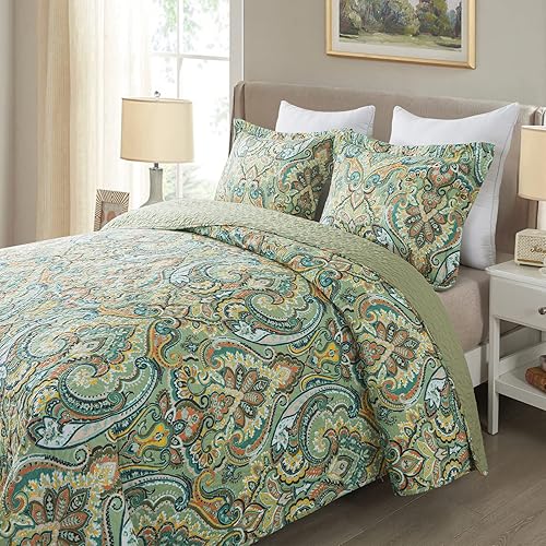 Miniatura 2 de NEWLAKE Juego de colcha de algodón, reversible, patrón floral verde europeo, tamaño Queen