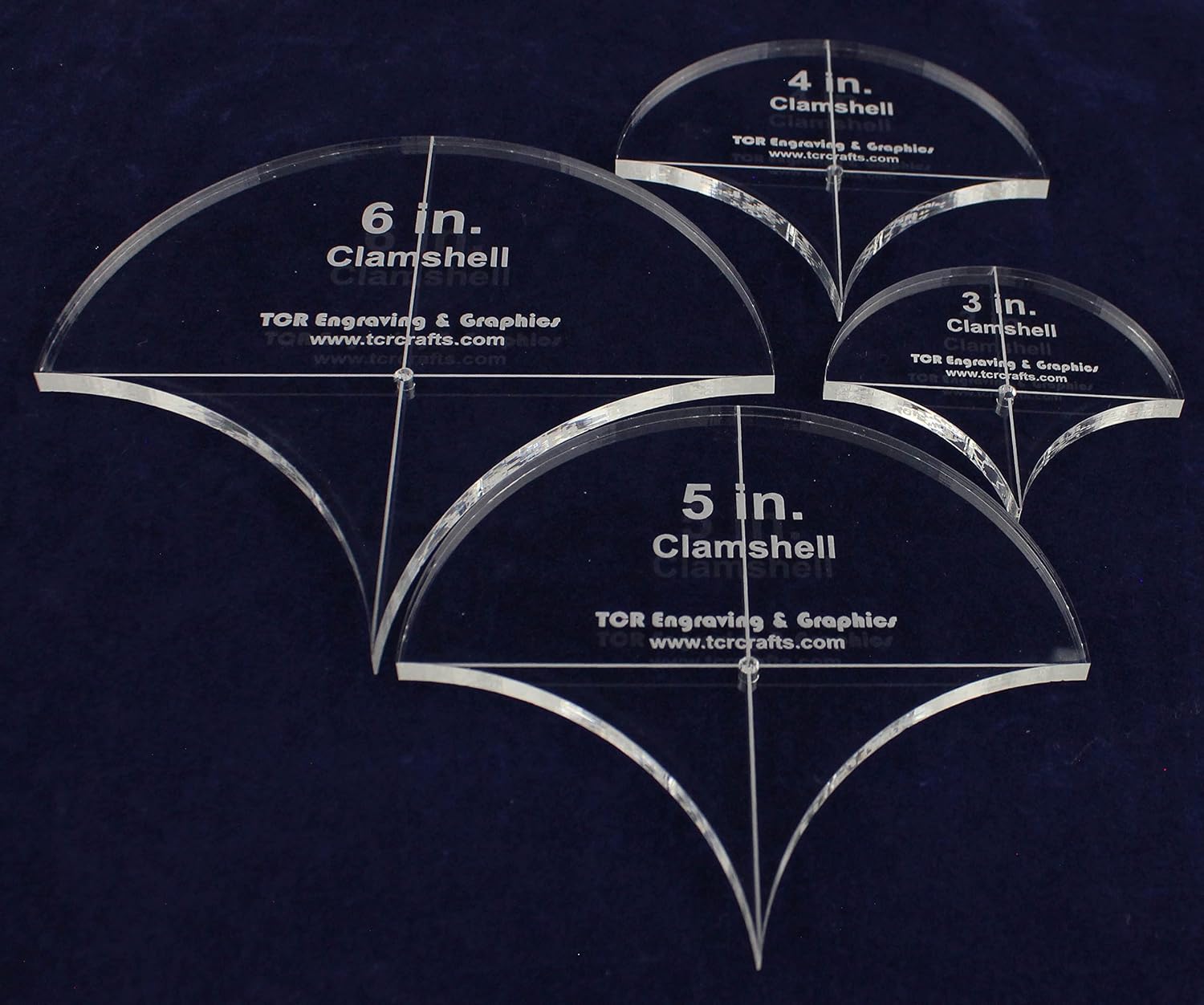Clamshell Templates. 4 Piece Set -3 Inch,4 Inch, 5 Inch, 6 Inch - Clear Acrylic 1/4 Inch