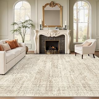 Soalmost 8x10 Vintage Beige Washable Area Rug - Soft Non-Slip Low Pile for Living Room Bedroom Dining