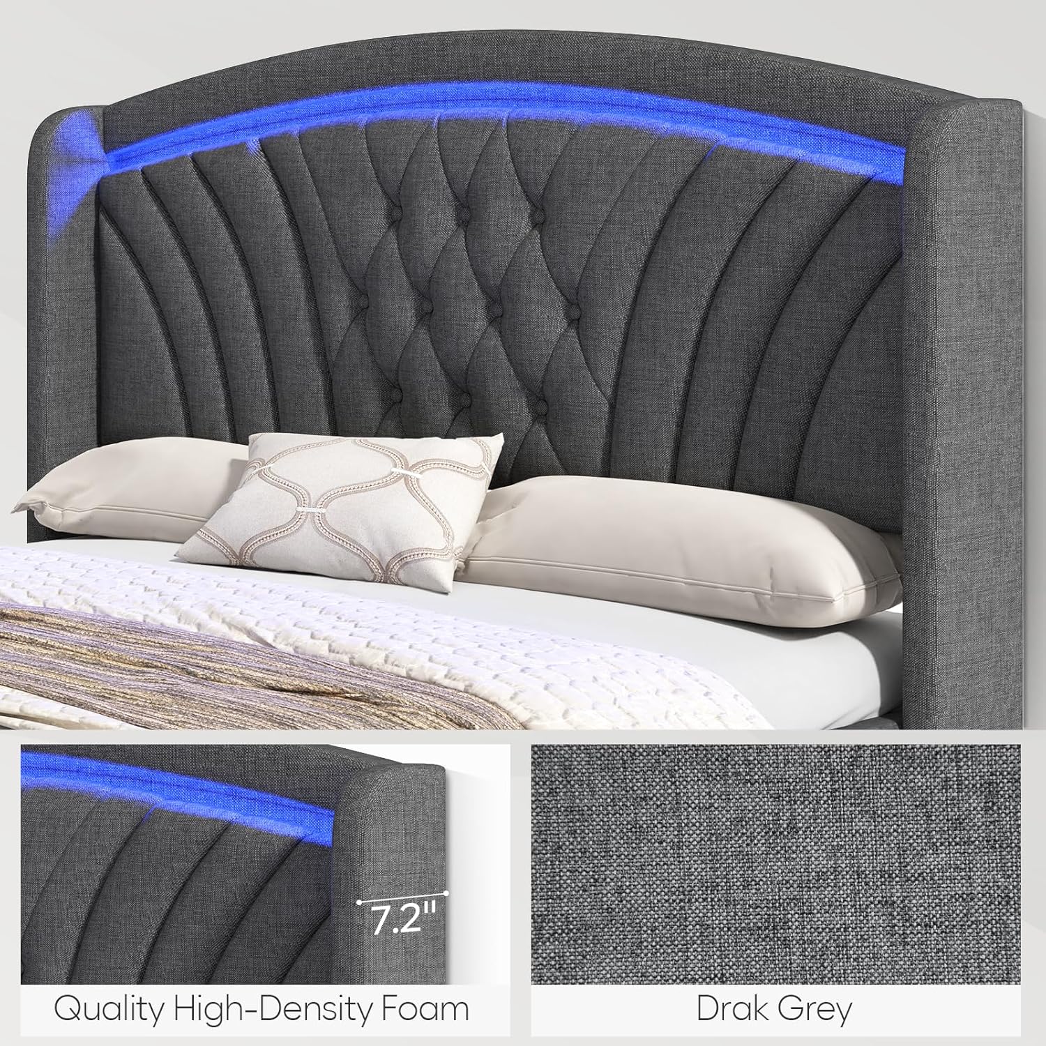 Upholstered Full Size Bed Frame with 2 Storage Drawers Wingback Headboard LED Bed Frame Solid Wooden Slats Support No Box Spring Needed