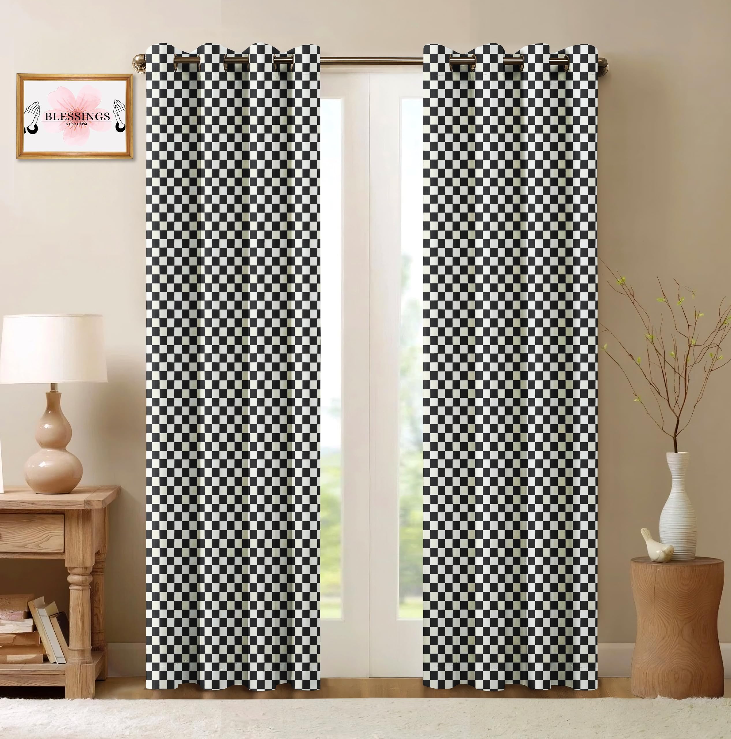 Blessings Polyester Room Darkening Door Curtains 7 Feet Long Set of 2 Panels | Chess Print Eyelet Drapes for Living Room, Bedroom & Office Home Décor - 4ft x 7ft (Black & White)-image-14