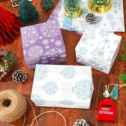 Miniatura 4 de AnyDesign - 12 hojas de papel de regalo de Navidad de invierno, papel de regalo de copo de nieve azul morado para manualidades, embalaje de regalo,