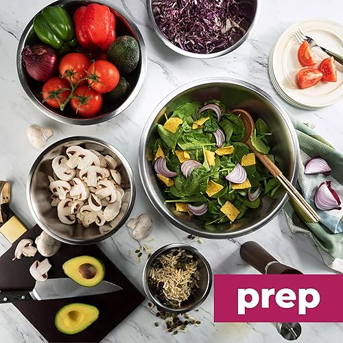 Miniatura 9 de FineDine Cuencos de acero inoxidable, fáciles de limpiar, cuencos anidables para almacenamiento de ahorro de espacio, ideales para cocinar, hornear,