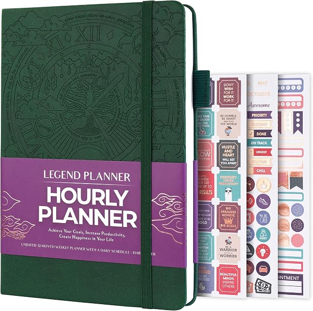 Legend Planner Hourly Schedule Edition  Deluxe Weekly & Daily Organizer with Time Slots. Time Management Appointment Book Journal for Work & Personal Life, Undated, A5 Hardcover  Dark Green Debossed