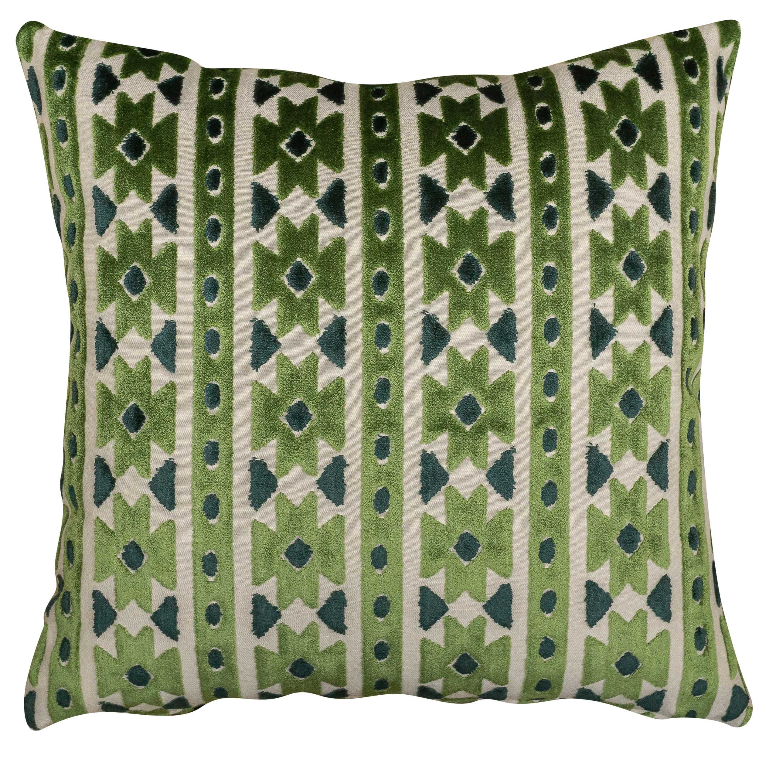 Linen Loft Green Kashan Geometric Cut Velvet Cushion Cover. Emerald And Natural Beige Triangular Geometric Pattern. 17X17 Square. Cushion Cover Only