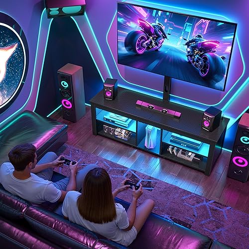 Miniatura 2 de Soporte de TV con soporte y luces LED, soporte de TV giratorio para TV de 70 pulgadas, moderno centro de entretenimiento de madera con toma de Negro