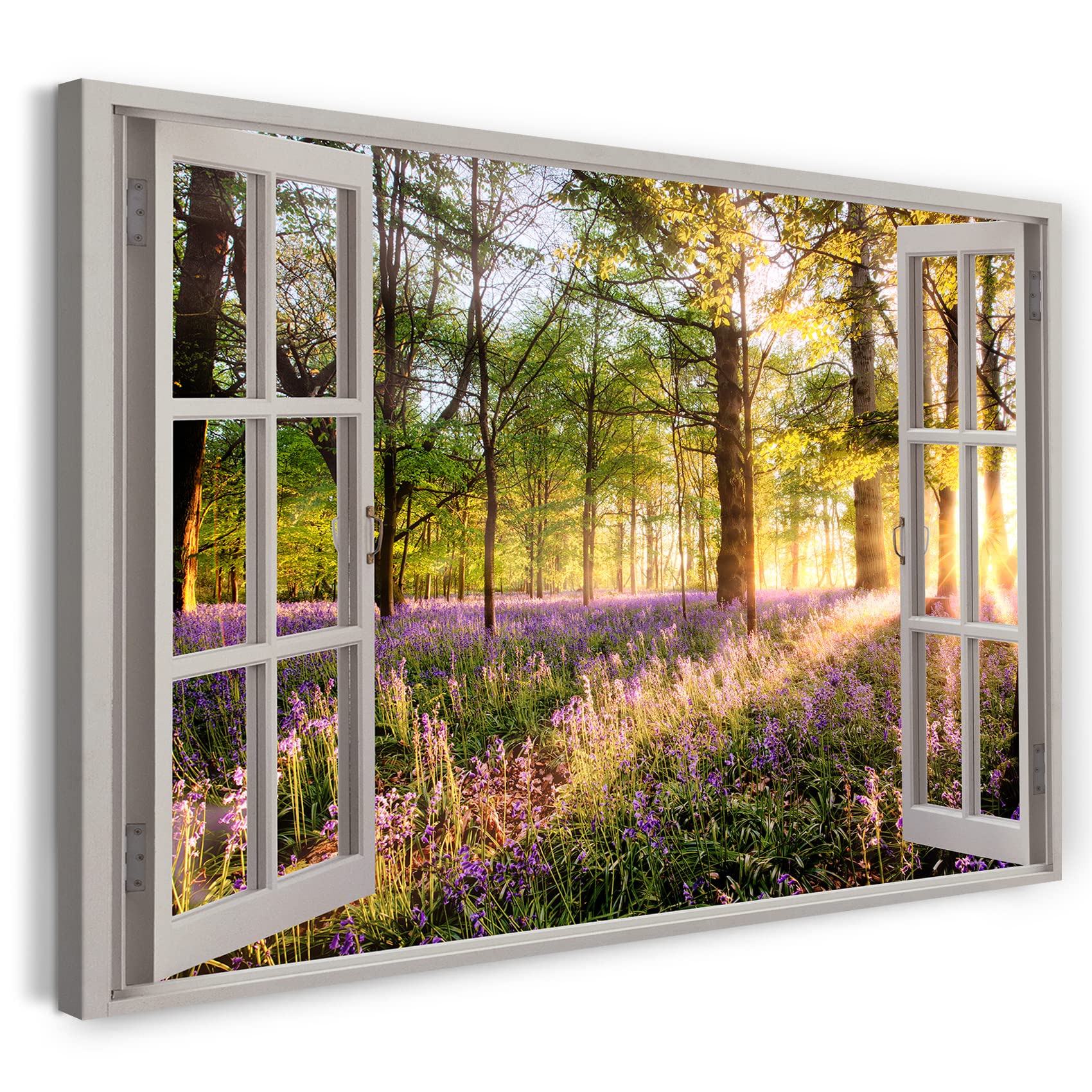 Print on Canvas (100x70 cm) view from the window - sunset light in the forest - nature photography, real wood frame with hook