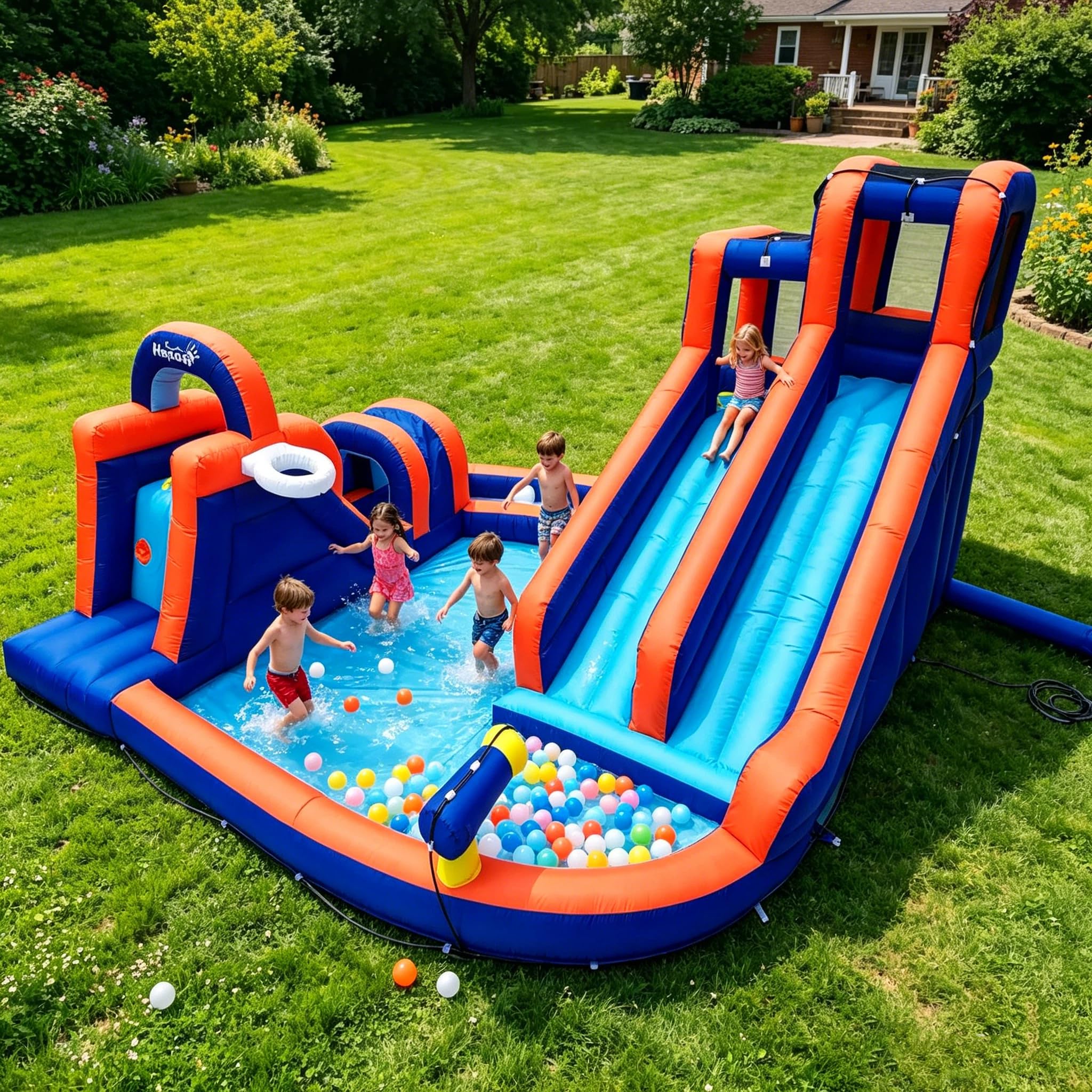 Hüpfburg mit Gebläse,Aufblasbarer Wasserpark mit Rutsche und Kletterwänden,Tunnel,Schwimmbecken, Wasserpistole,Geeignet für 5 Kinder im Alter von 3 bis 8 Jahren (420 x 410 x 240 cm)