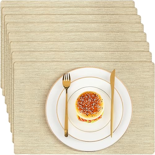 Bencailor Juego de 8 manteles individuales de vinilo dorados de 12 x 18 pulgadas, manteles individuales de plástico estilo granja, PVC, resistentes
