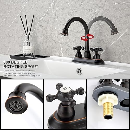 Miniatura 2 de KirlystonE Grifo de lavabo de baño de bronce aceitado, grifo de tocador central de bronce de 4 pulgadas con asas cruzadas