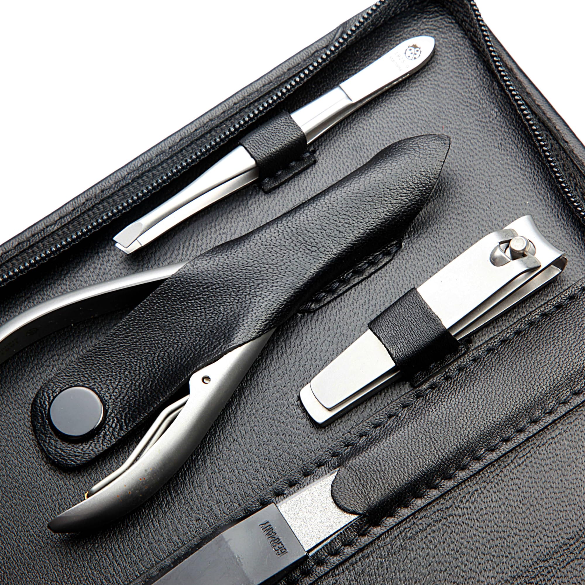 Hans Kniebes Maniküre Set 9-teilig Schwarz – Profi Nagelpflege & Pediküre Set aus Edelstahl – Nappa Leder Etui mit Reißverschluss – Nagelschere, Zangen & Knipser – Premium Manikürbesteck