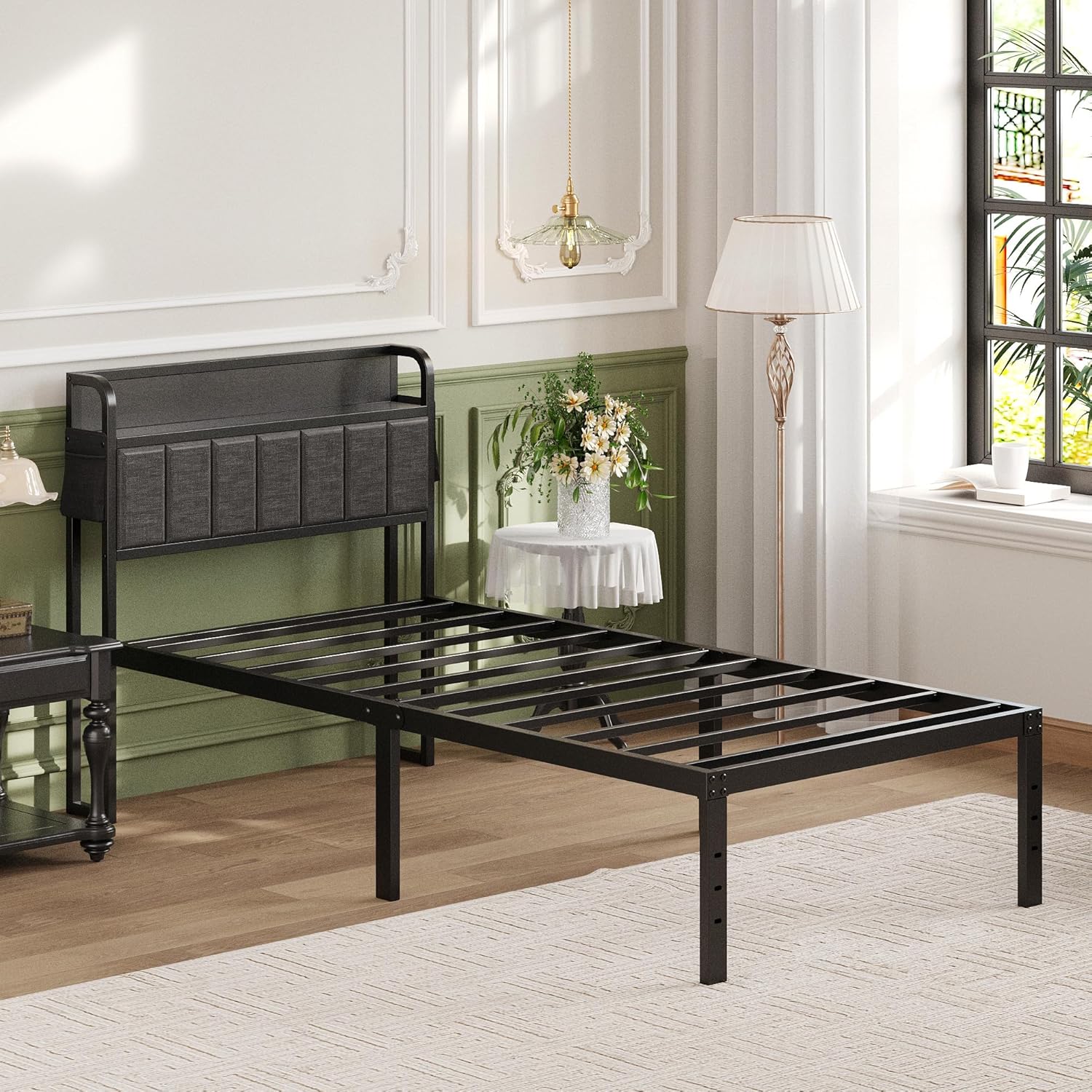 16 Inch Twin Bed Frames with Upholstered Storage Headboard, Heavy Duty Twin Platform Bed No Box Spring Needed, Noise Free, Easy Assembly, Gray - Image 6