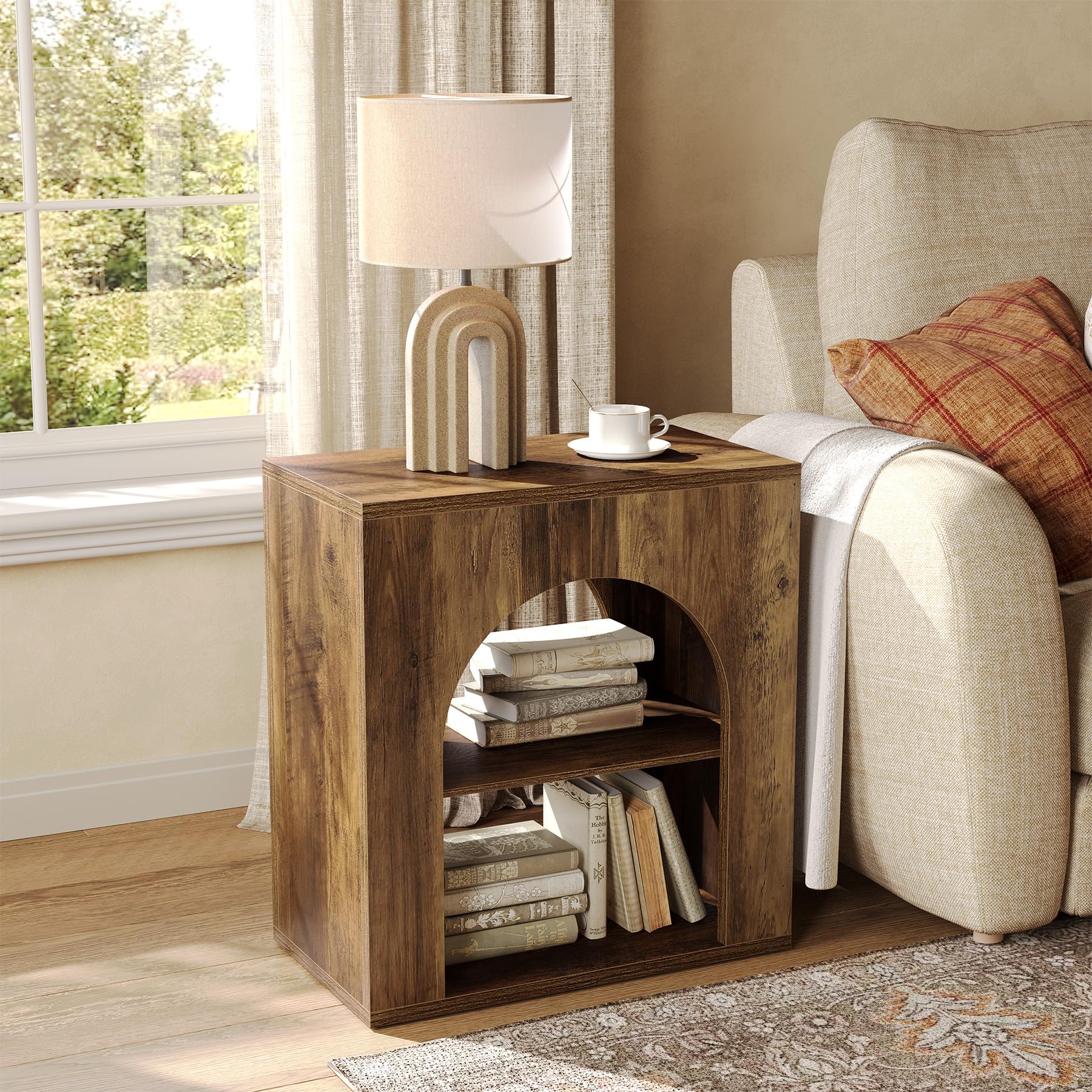 little tree 3-tier end table, small wooden side table with open storage shelf for living room, rustic narrow night stand, bedside table for bedroom, small space, easy assembly