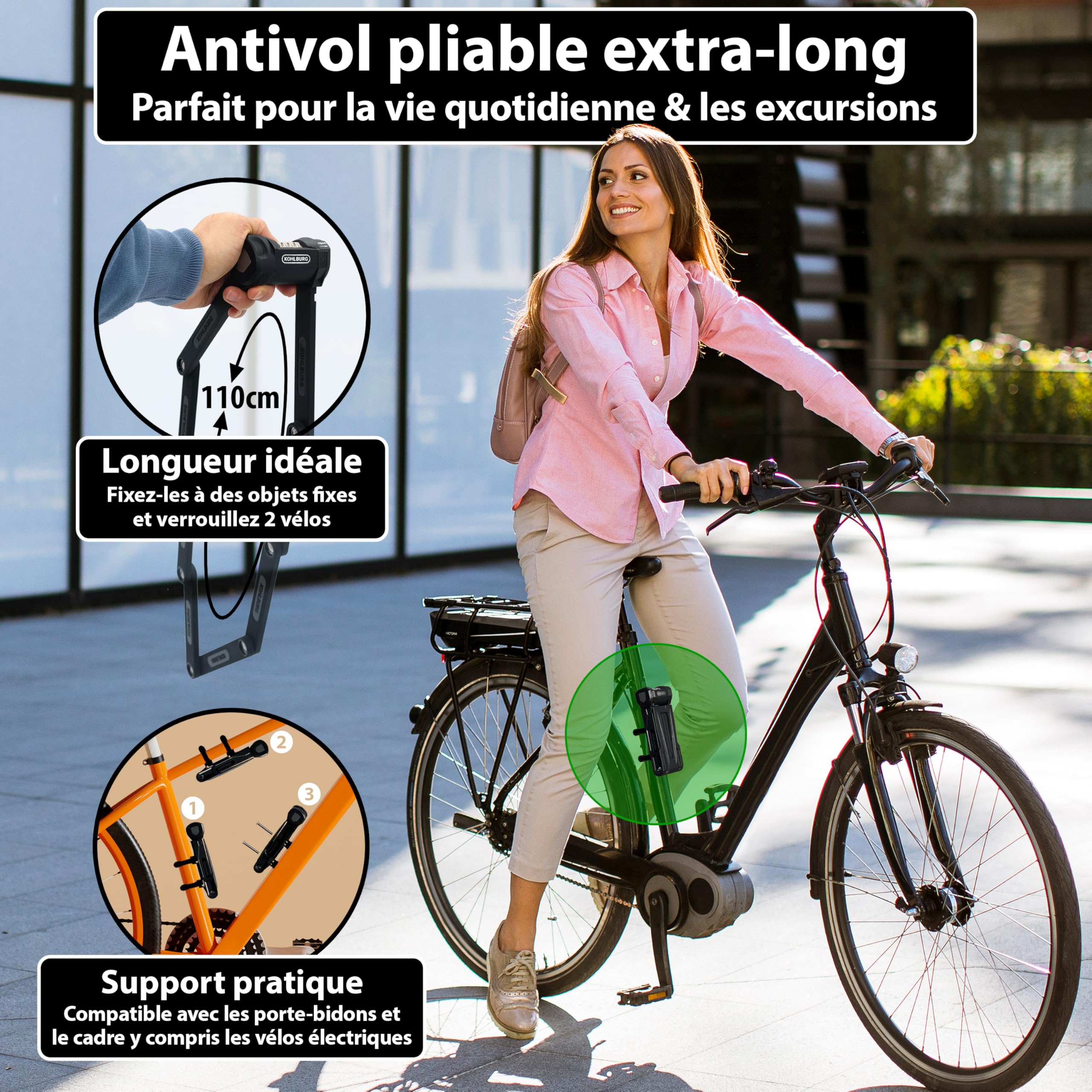 KOHLBURG Antivol Pliant vélo 110 cm à code chiffré de haute sécurité | Antivol à code pour vélo avec support – résistant aux coupe‑boulons – serrure & antivol pour vélo électrique