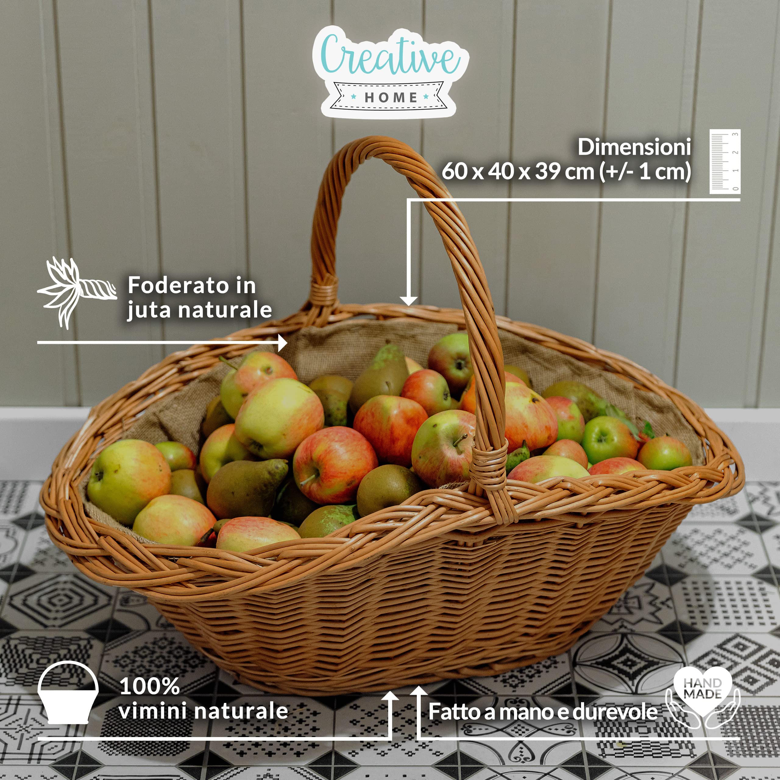 Cestino In Vimini Con Manico, 60x45x30 Cm, Tessuto A Mano In UE - Per Legna Da Camino, Decorazione O Trasporto