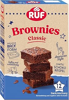 RUF Classic Brownies, Backmischung für saftig schokoladige Chocolate-Brownies im American Style mit Schoko-Raspel, inkl. Backform, 12 Brownies, 366g