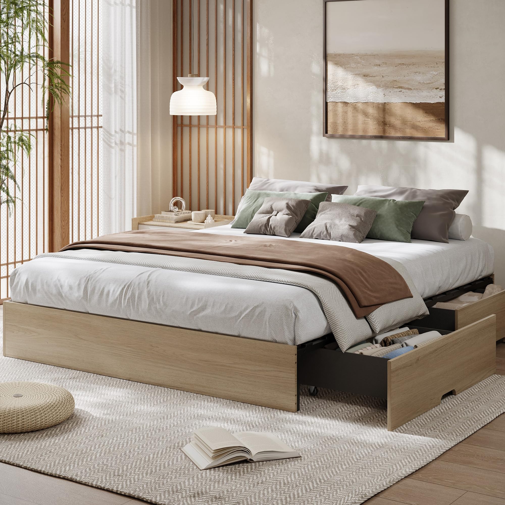 GarveeHome King Size Wood Platform Bed Frame with 2 Storage Drawers, Wooden Bed Frame Without Headboard, Wood Slat Support, No Box Spring Needed, Easy