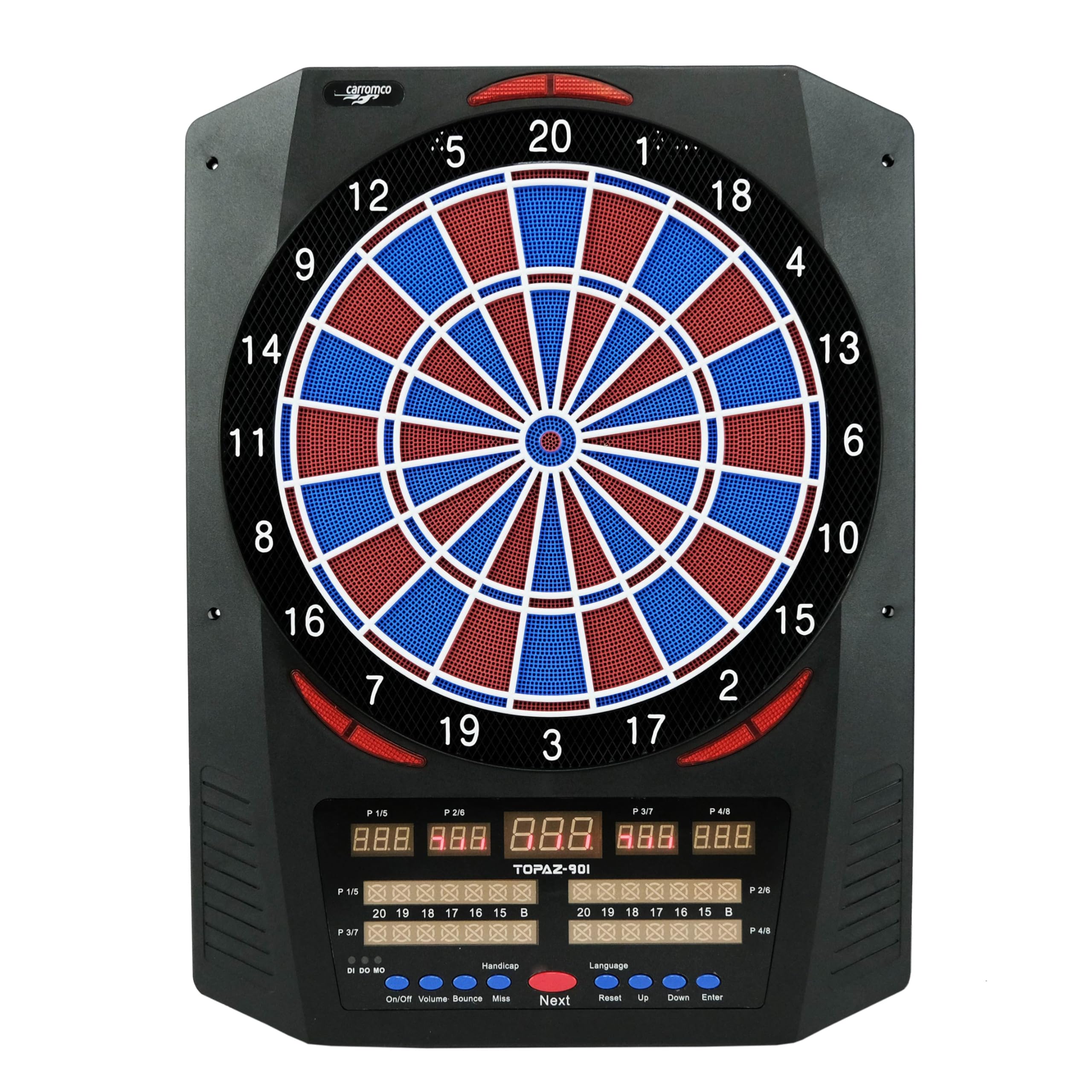 Bersaglio elettronico Carromco Topaz-901 – Bersaglio morbido con sistema a 2 fori, rosso-blu, da 1 a 8 giocatori, alimentatore, freccette morbide – 40 giochi e 761 varianti (tra cui Cricket)