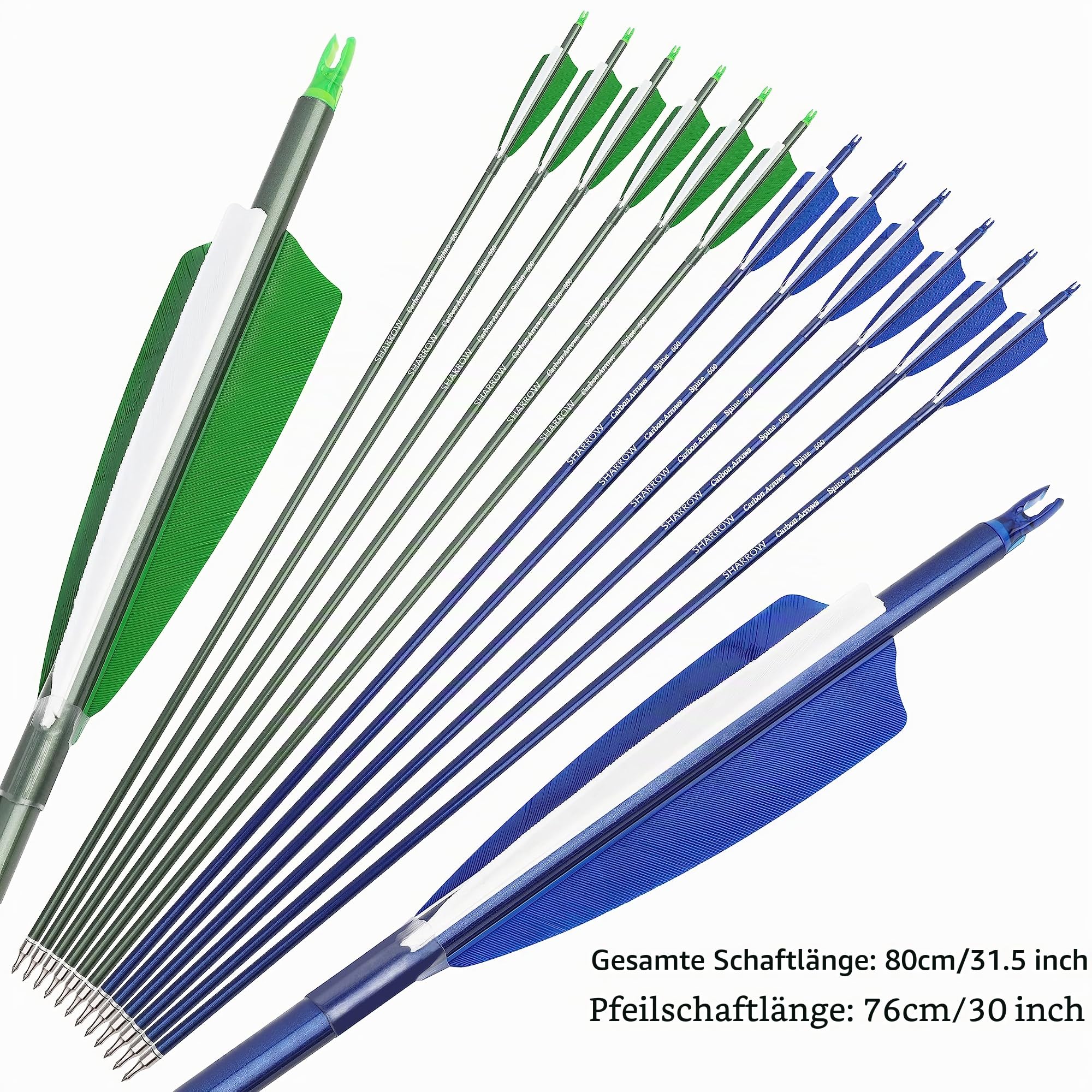 31" Carbonpfeile Bogenschießen Jagdpfeile 500 Spine mit Federn Geflochtene Zielübungspfeile für Bogenschießen Compound&Recurve&Langbogen 6/12St.