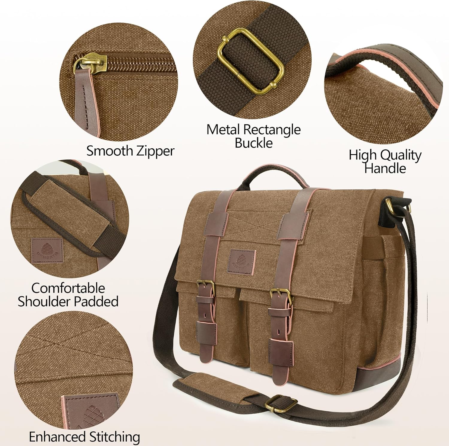 Messenger Bag for Men,13-14 Inch Laptop Bag, Vintage Water-resistant Waxed Canvas Satchel Bags, Leather Briefcase for School Work Travel (Brown) - Image 6