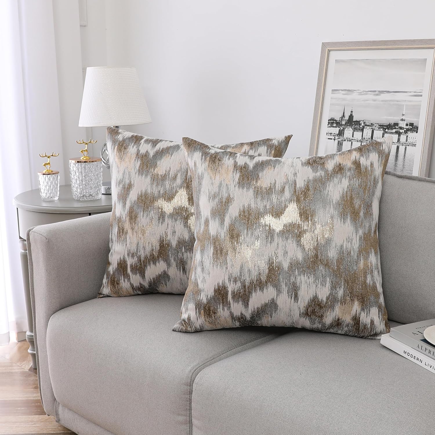 Majestic Giftware 4 Pack Jacquard Decorative Throw Pillow Cover (PC1216L-4PK) | Gold/White Soft & Washable Cushion Covers with Zipper for Sofa, Bedroom (22"x22") Inserts Not Included