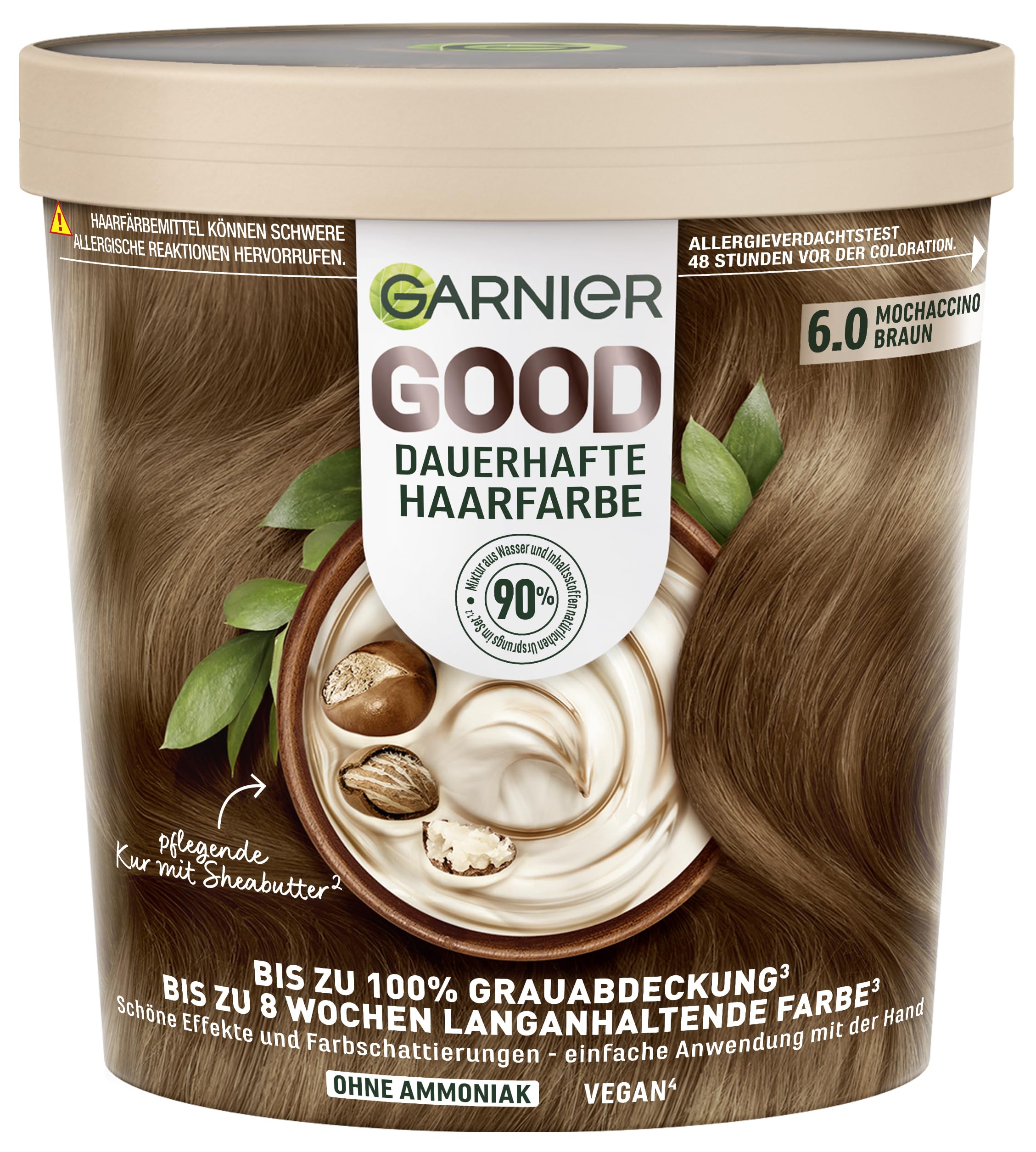 Garnier GOOD Dauerhafte Haarfarbe 6.0 Mochaccino Braun, permanente Coloration, ohne Ammoniak, bis zu 100% Grauabdeckung, bis 8 Wochen langanhaltende Farbe, einfache Anwendung, angenehmer Duft, 1 Stk.